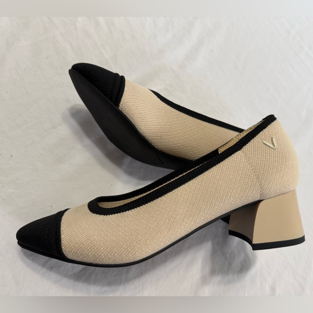 Vivaia New Julie Pro Round-Toe Chunky Heel Shoes Knit in beige black 36 USA 5.5